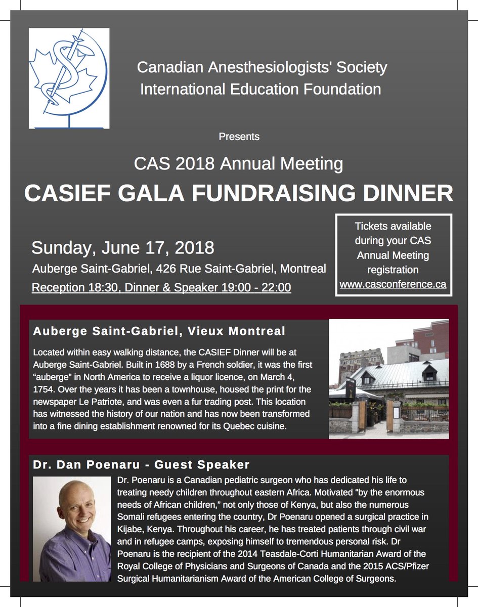 Tickets now available for the CASEIF Gala Fundraising Dinner - get yours today @ bit.ly/2xkXLBi. This year's guest speaker is the always inspiring Dr. Dan Poenaru @CASUpdate #GlobalSurgery