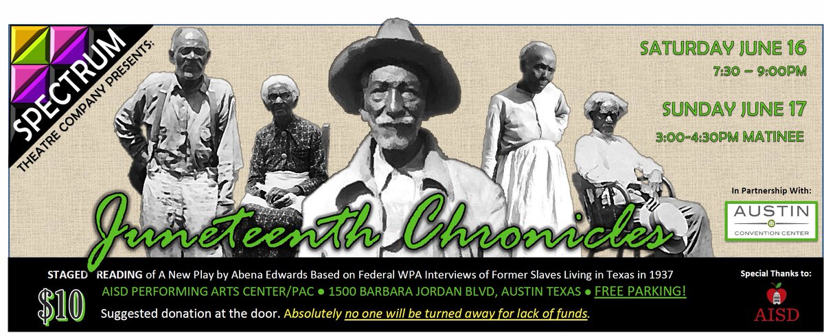 Spectrum Theatre Co. (@spectrumatx) on Twitter photo Please mark your calendars for <a href="/SpectrumATX/">Spectrum Theatre Co.</a> Play Reading Series: Juneteenth Chronicles. Help us spread the word..... #outandabout #SpectrumATX #AustinPlayHouse #AustinChronicle Please mark your calendars for <a href="/SpectrumATX/">Spectrum Theatre Co.</a> Play Reading Series: Juneteenth Chronicles. Help us spread the word..... #outandabout #SpectrumATX #AustinPlayHouse #AustinChronicle
