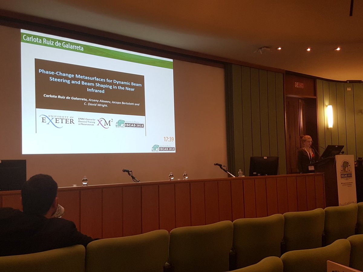 sergiabadal's tweet photo. Carlota Ruiz de Galarreta, from University of Exeter, talking about how to achieve dynamic beam steering with phase change Metasurfaces at #ISCAS2018. Interesting application at optical frequencies. @VisorSurf https://t.co/1QRqa5KDfD