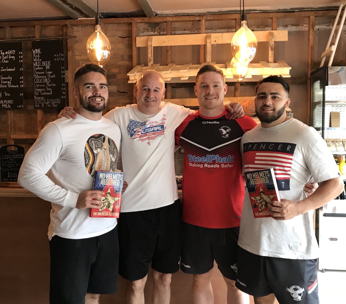 NoHelmetsReq's tweet image. Amazing who you meet in @CawaCoffee: @SheffieldEagles trio Josh Toole of @Irelandrl, @CoreyMakelim &amp;amp; @MARKOFFERDAHL of @USARugbyLeague &amp;amp; @RawWorldCompany. Talked all things American RL &amp;amp; Sheffield for @Forty20magazine &amp;amp; @guardian_sport. #finecompany