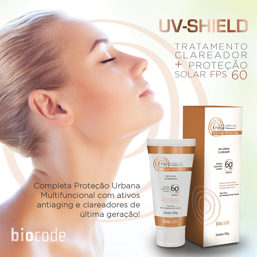 BiocodeCosmetic's tweet image. O UV-Shield, age de forma multifuncional, com ativos antiaging e clareadores, previnindo o envelhecimento ao mesmo tempo que protege contra radiações solares e de aparelhos que emitem luz, como computadores, tablets e celulares. #biocode #beleza #beauty #fps #protetorsolar