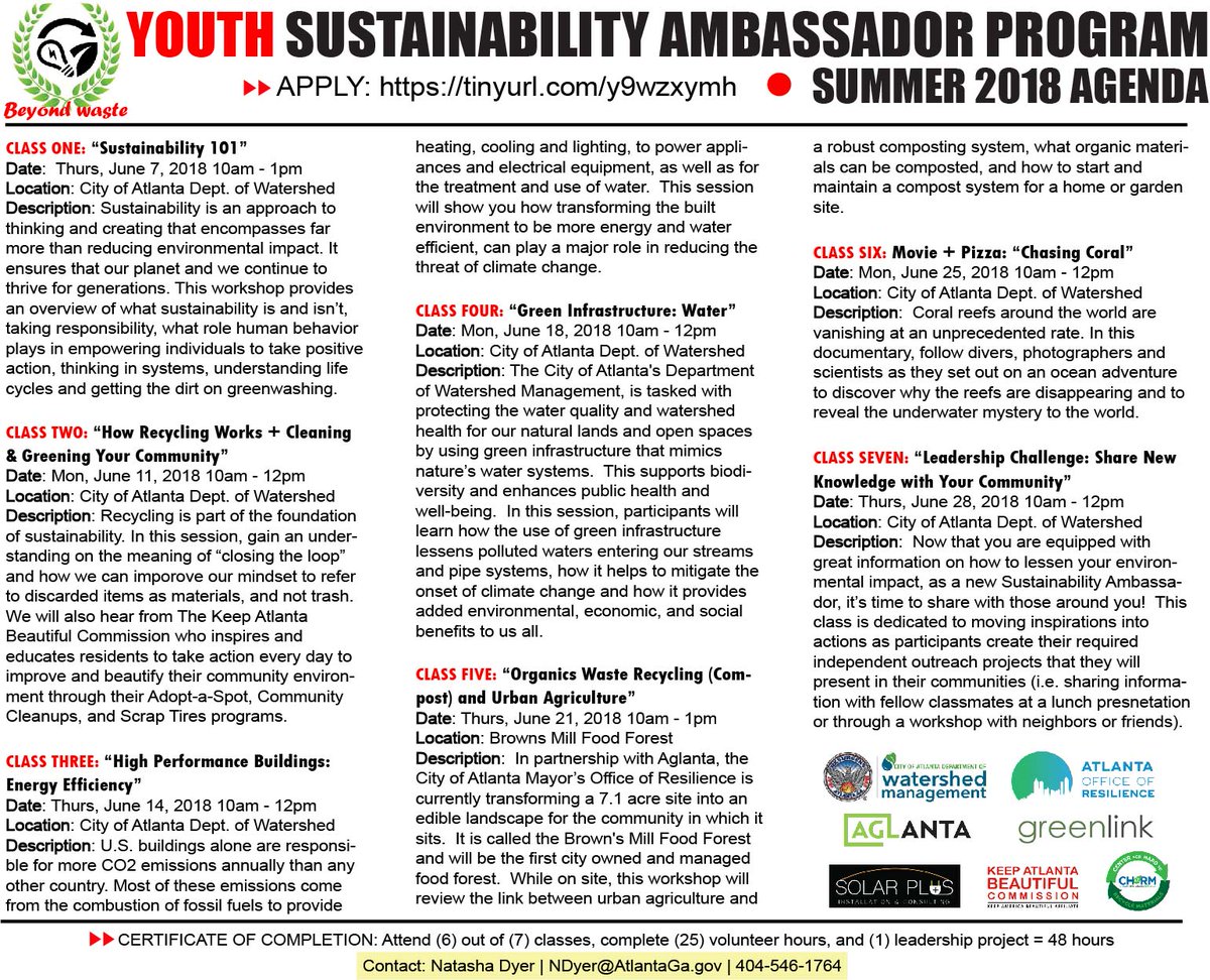 ATLResilience's tweet photo. YOUTH Sustainability Ambassador Program. Know any rising 10th-14th graders interested in sustainability, resilience, &amp; green economy jobs? Have them enroll TODAY for Office of Resilience's summer session. Apply: https://t.co/FdQ1rqaCBr Questions? ndyer@atlantaga.gov, 404-546-1764 https://t.co/gOlSv003hW