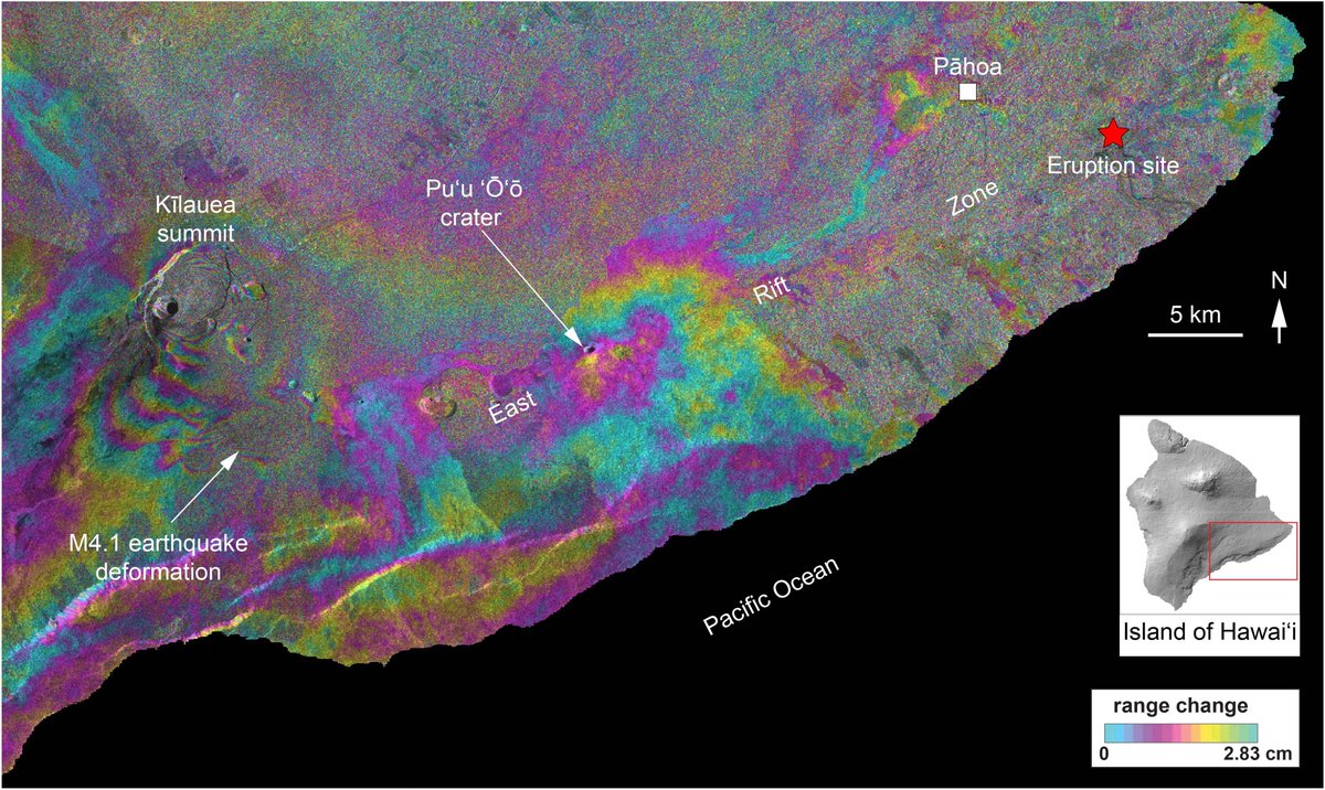 USGSVolcanoes's tweet image. @esa #Sentinel-1 #interferogram shows #deformation of #Kilauea #Volcano: summit contraction due to magma withdrawal and instability; no deformation in middle and lower East Rift Zone; deformation in Koa`e fault zone due to Monday's M4.1 earthquake.