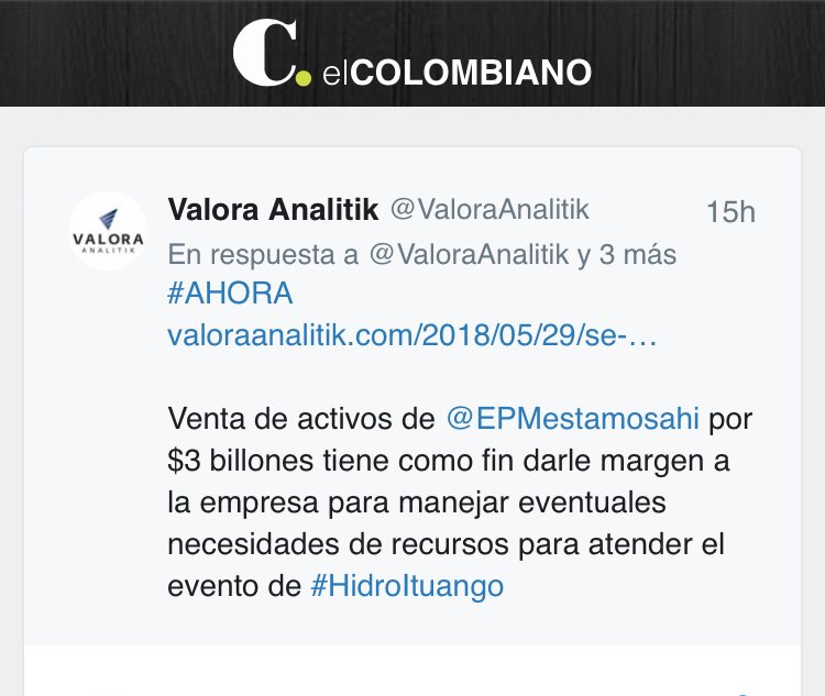 <a href="/elcolombiano/">El Colombiano</a> Grandes medios del país como <a href="/elcolombiano/">El Colombiano</a> citan y referencian nuestra cuenta de <a href="/ValoraAnalitik/">Valora Analitik</a> en sus notas en web elcolombiano.com/epm-analiza-en…

#ValoraCrece
#ValoraAnalitik