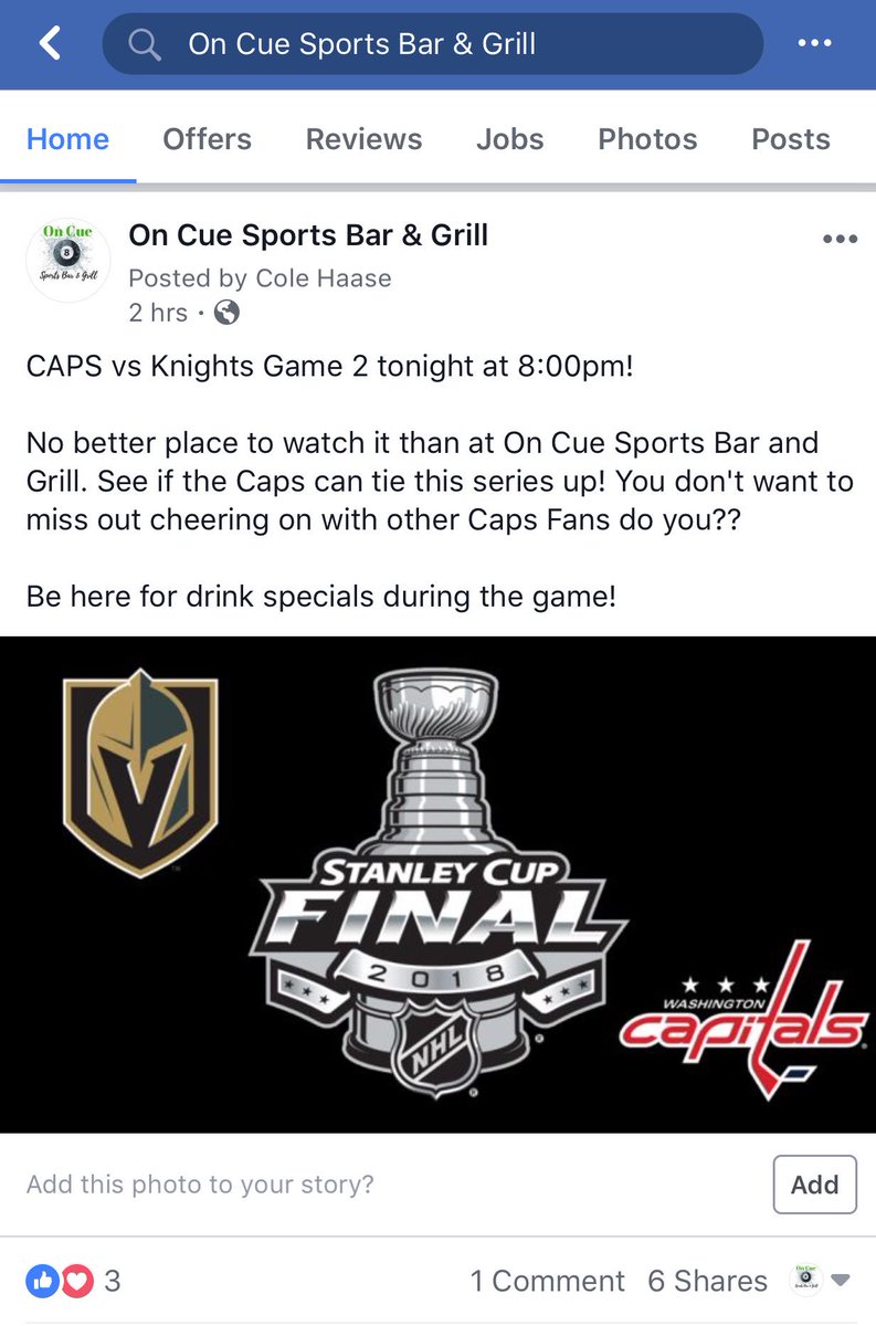 OnCueSportsBar's tweet photo. GAME 2 is on! Come watch it at your favorite sports bar! #frontroyalsportsbar #OnCue #capsvsknights #nhlplayoffs2018 #nightout https://t.co/tPrEiiRpPs