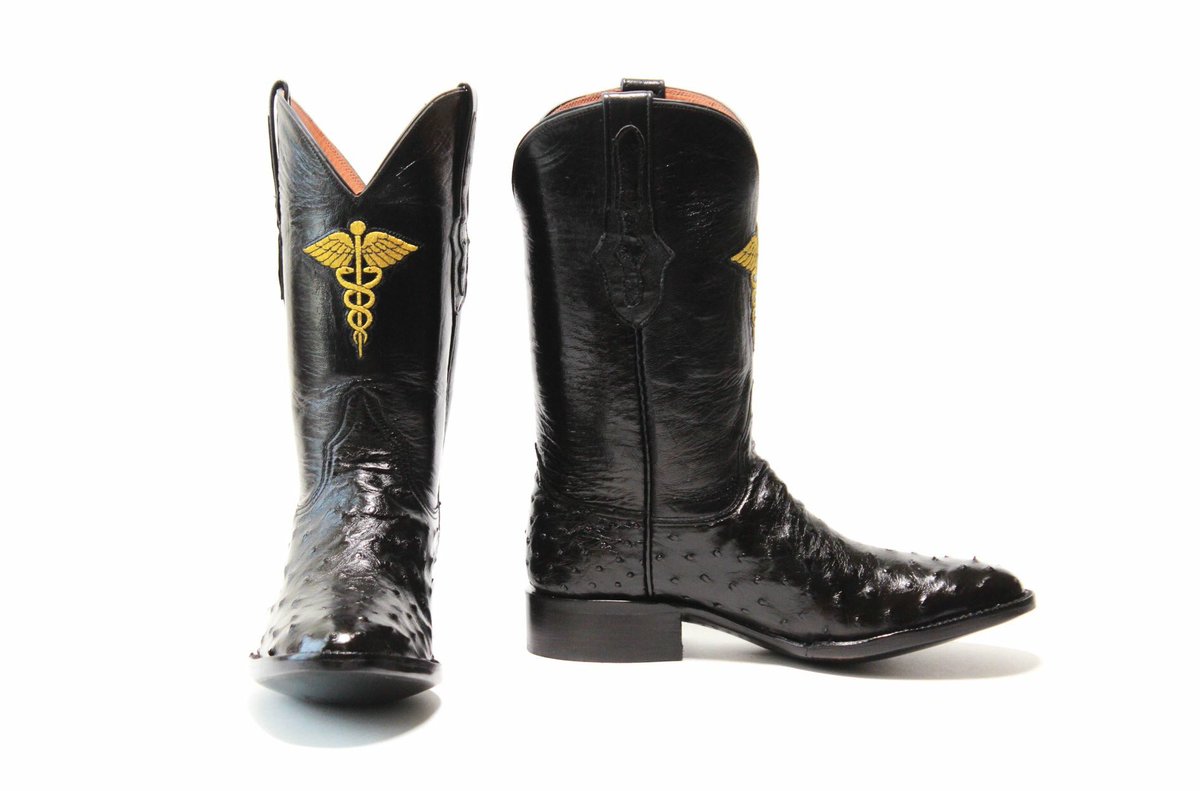 A Waco doctor approached us with an idea of her dream pair of ostrich boots. She selected the toe, heel, top height, leather, color, and logo. She asked us if we could include the iconic caduceus logo, popular among medical professionals.   

Enjoy your new boots, Doc!