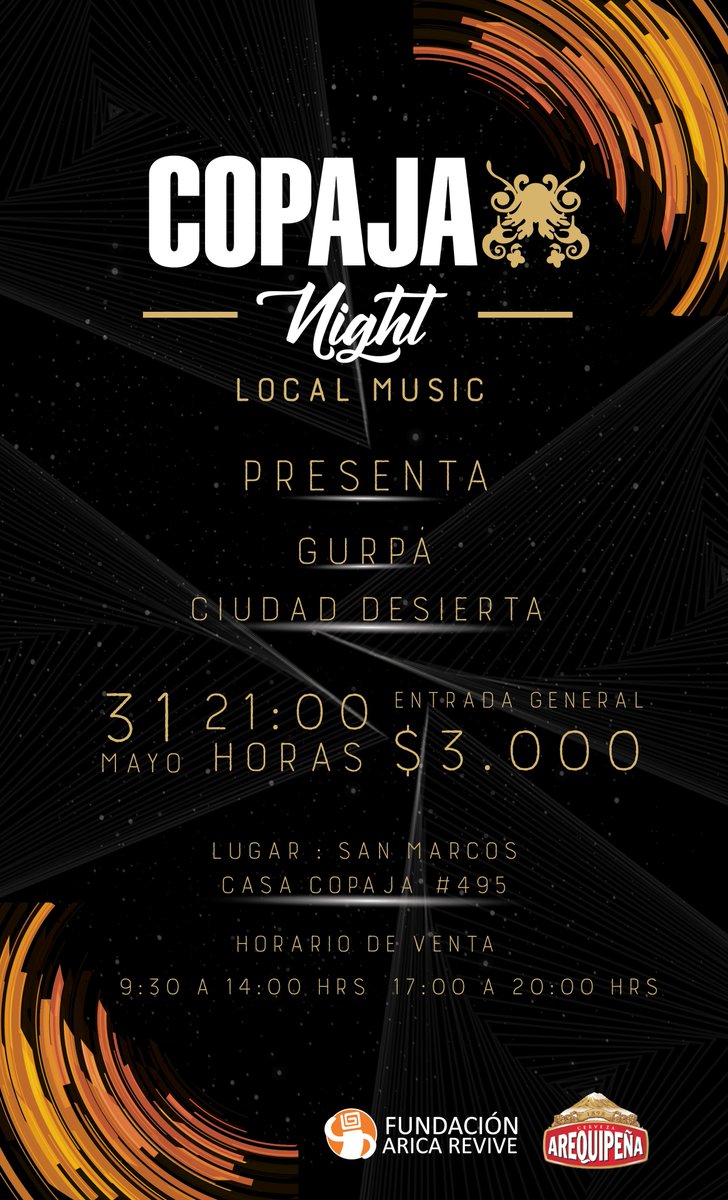 AricaRevive's tweet photo. Este 31 de mayo no te pierdas la 2da versión de Copaja Night: Local Music Bandas Invitadas: Gurpá y Ciudad desierta. 🎤🎉
Ademas tendremos mas de 100 litros de Arequipeña a repartir. 
Para mas información visita el evento: https://t.co/X92c7WWkxq https://t.co/YowhYUYLzu
