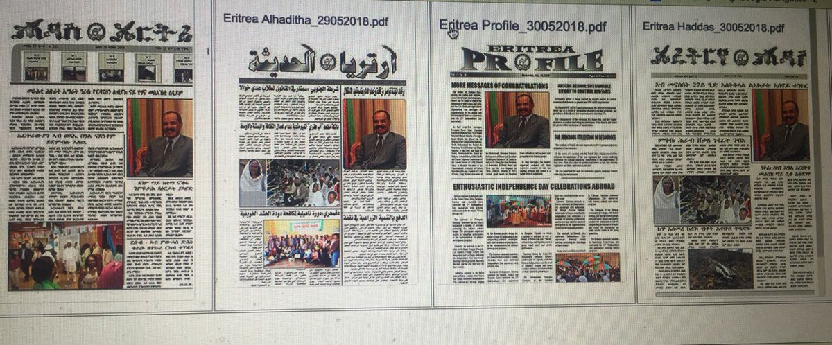 saayEritrea's tweet photo. The greatest thing about #Eritrea state media is the diversity of opinions. In some papers, the pic of Prez IA is right-aligned, in another, it’s centered. Hade hzbi Hanti s’eli. @Asennai https://t.co/OytmdXlH41