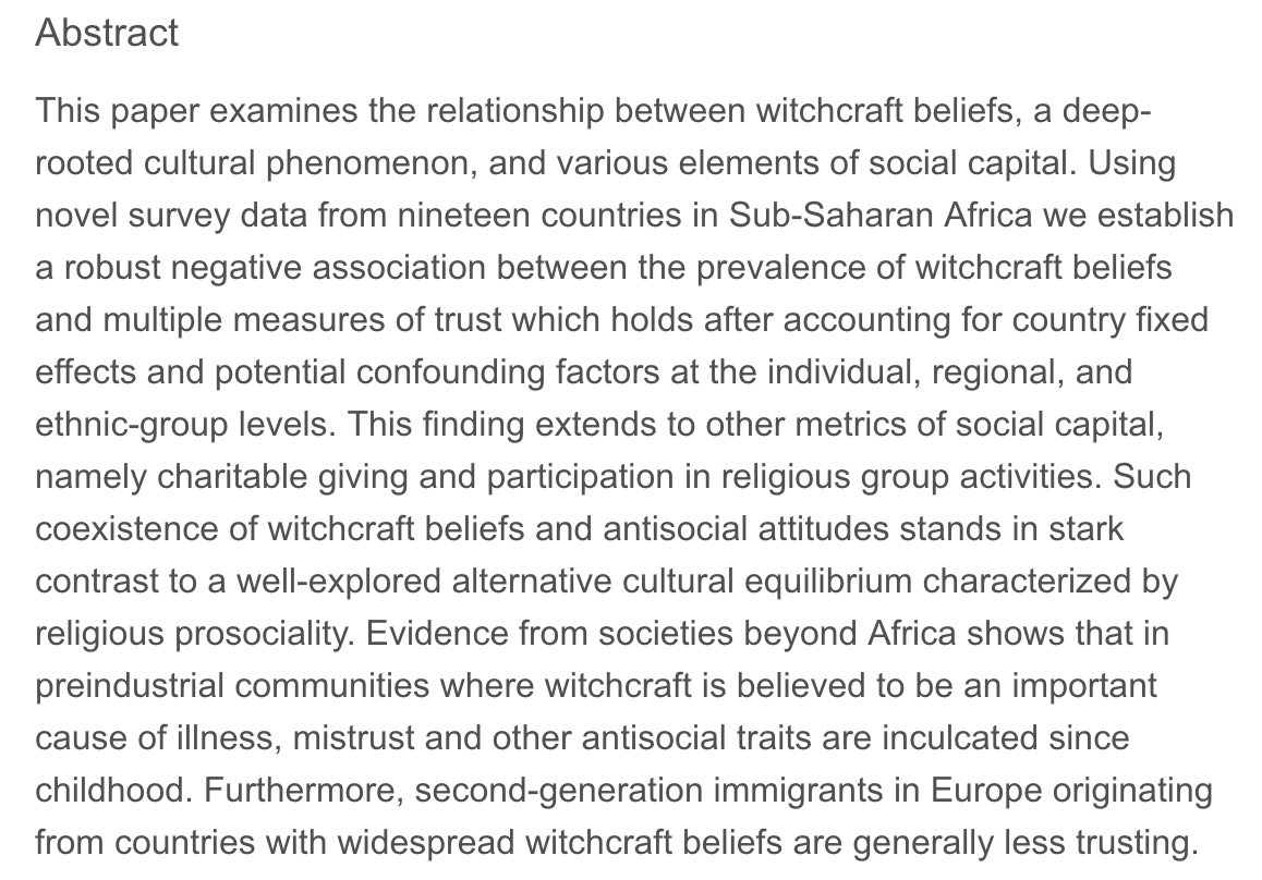 Gershman (2016) "Witchcraft beliefs and the erosion of social capital: Evidence from Sub-Saharan Africa and beyond” https://doi.org/10.1016/j.jdeveco.2015.11.005
