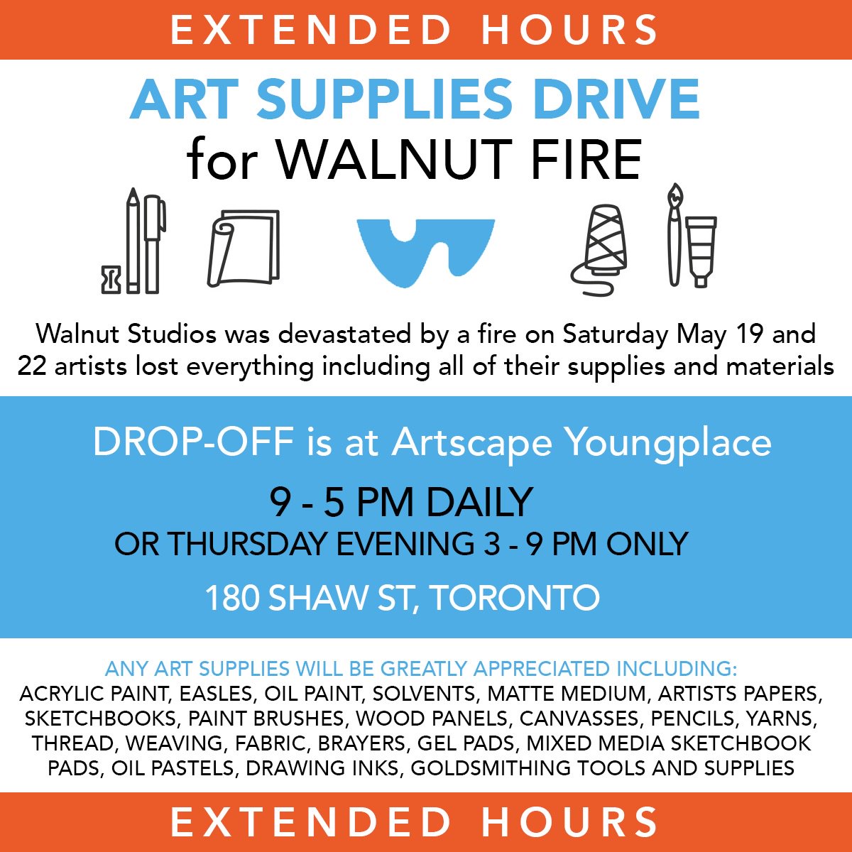 Design Exchange (@designexchange) on Twitter photo Extended Art Supplies Drive for <a href="/WalnutStudios/">Walnut Studios</a> artists affected by the fire is being held all this week <a href="/YoungplaceTO/">Artscape Youngplace</a> from 9:00 to 5:00 with an evening drop off from 3:00 to 9:00 pm on Thursday May 31st #Toronto #ToArts #yyz Extended Art Supplies Drive for <a href="/WalnutStudios/">Walnut Studios</a> artists affected by the fire is being held all this week <a href="/YoungplaceTO/">Artscape Youngplace</a> from 9:00 to 5:00 with an evening drop off from 3:00 to 9:00 pm on Thursday May 31st #Toronto #ToArts #yyz