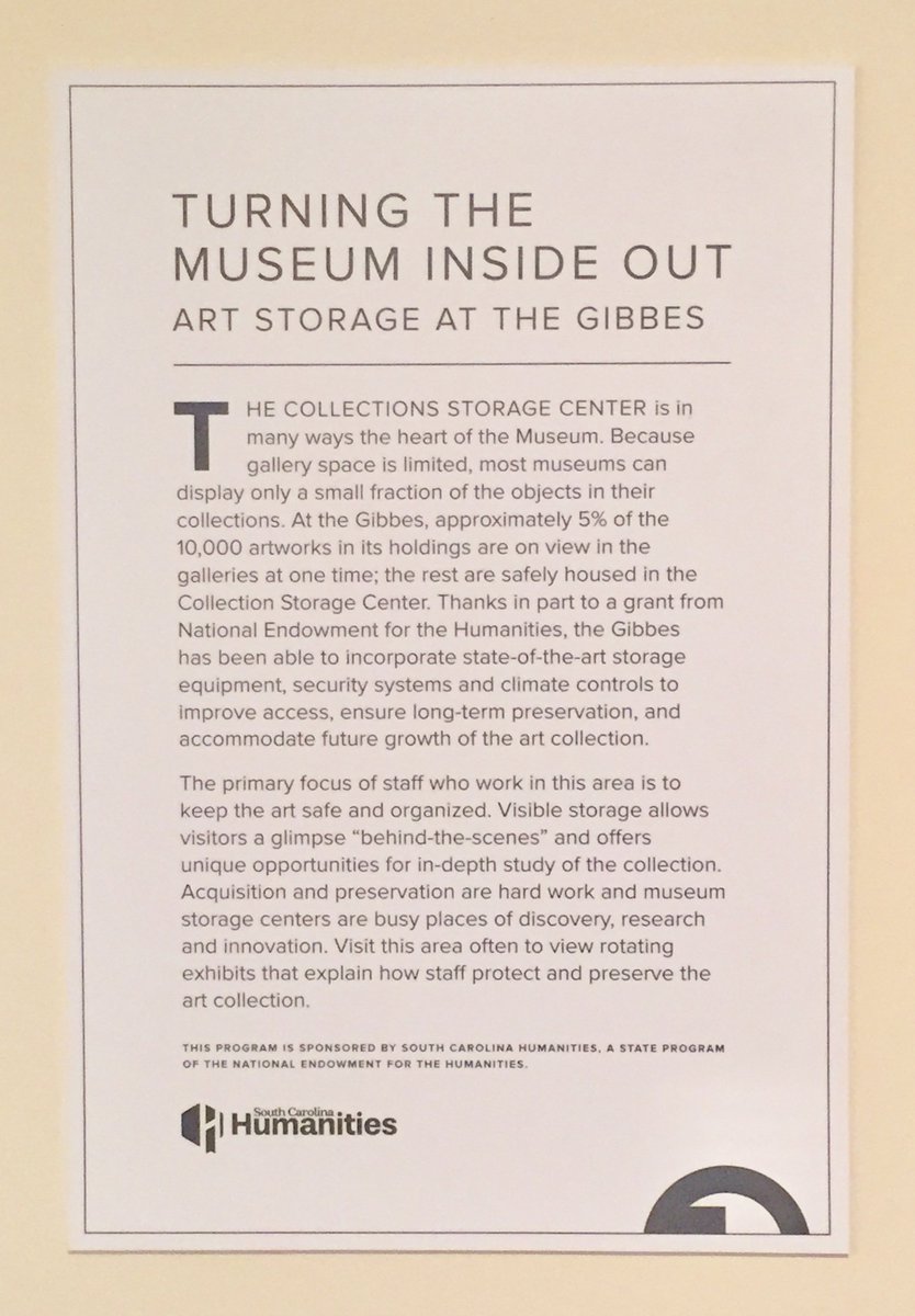 theGibbesmuseum's tweet photo. We are excited to unveil new interpretive text and interactives related to art storage! Thanks to a grant from @HumanitiesSC visitors can now learn how we protect and preserve over 10,000 pieces of art! 3rd floor! Not to miss! #UnexpectedExperience https://t.co/CD9uz1C6Pm