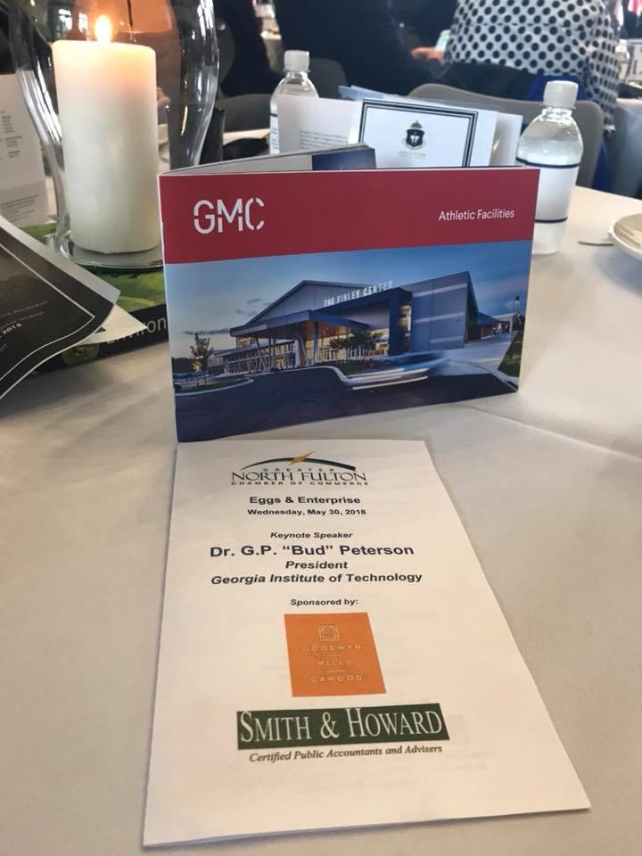 gnfcc's tweet image. Eggs &amp;amp; Enterprise featuring Dr. G.P. “Bud” Peterson, President of @GeorgiaTech sponsored by @goodwynmills + @smithandhoward. Thank you to @KingsRidgeCS for hosting. #GNFCC #Tech400 #TalentCoalition