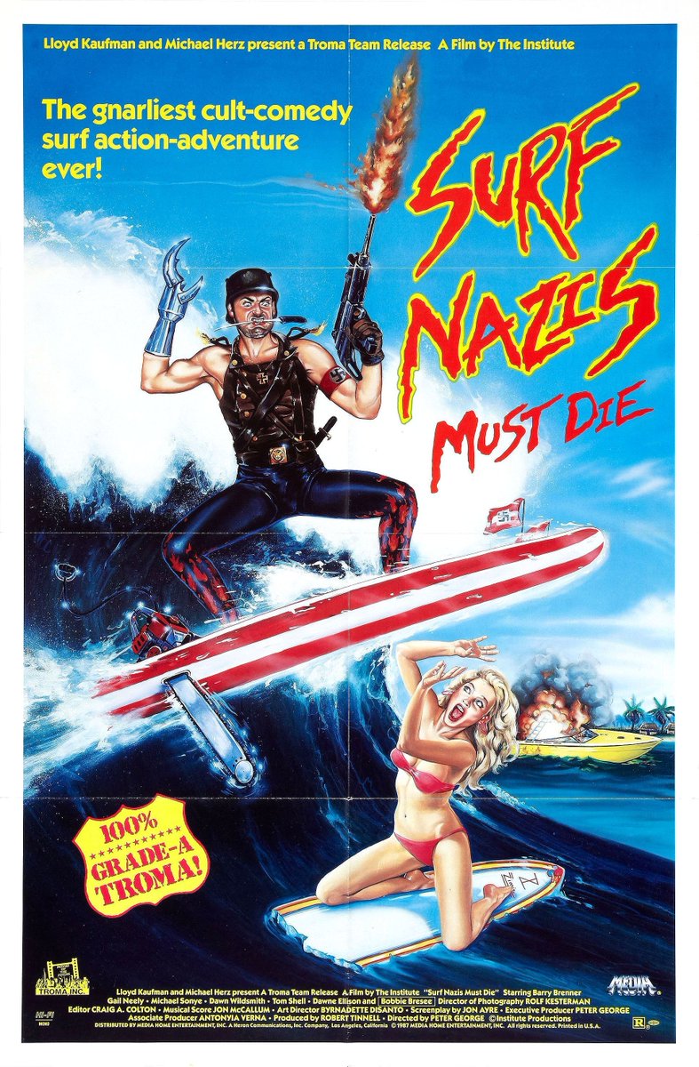 Troma_Team's tweet photo. Little known fact: The original ending of Surf Nazis Must Die had all the Surf Nazis apologizing to Leroy's Mama, claiming they were on Ambien the whole time... https://t.co/MMDK2GcaCp https://t.co/MSYtVhC19K