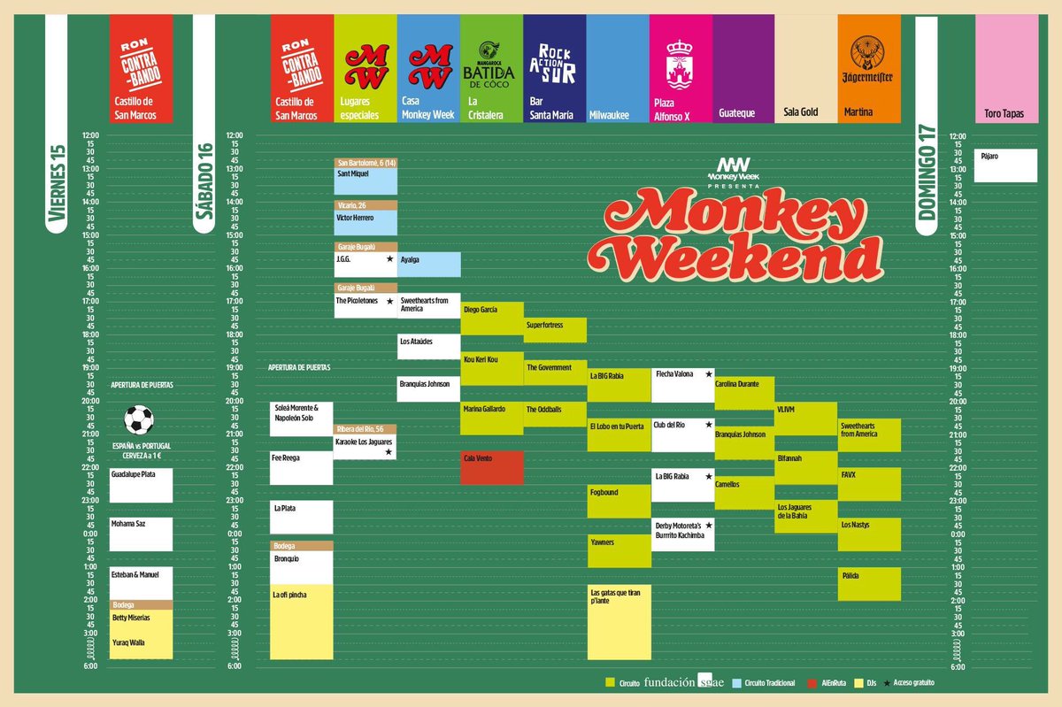 Ya podéis echarle un ojo a los horarios del <a href="/Monkeyweek/">Monkey Week SON Estrella Galicia</a> 16 de junio Puerto de Santa María... escenario Rock Action Sur!!
Nosotros estaremos desde el viernes haciendo los roces, Juanese paga las cañas!!

Salud, do the monkey y r’n’r..!!