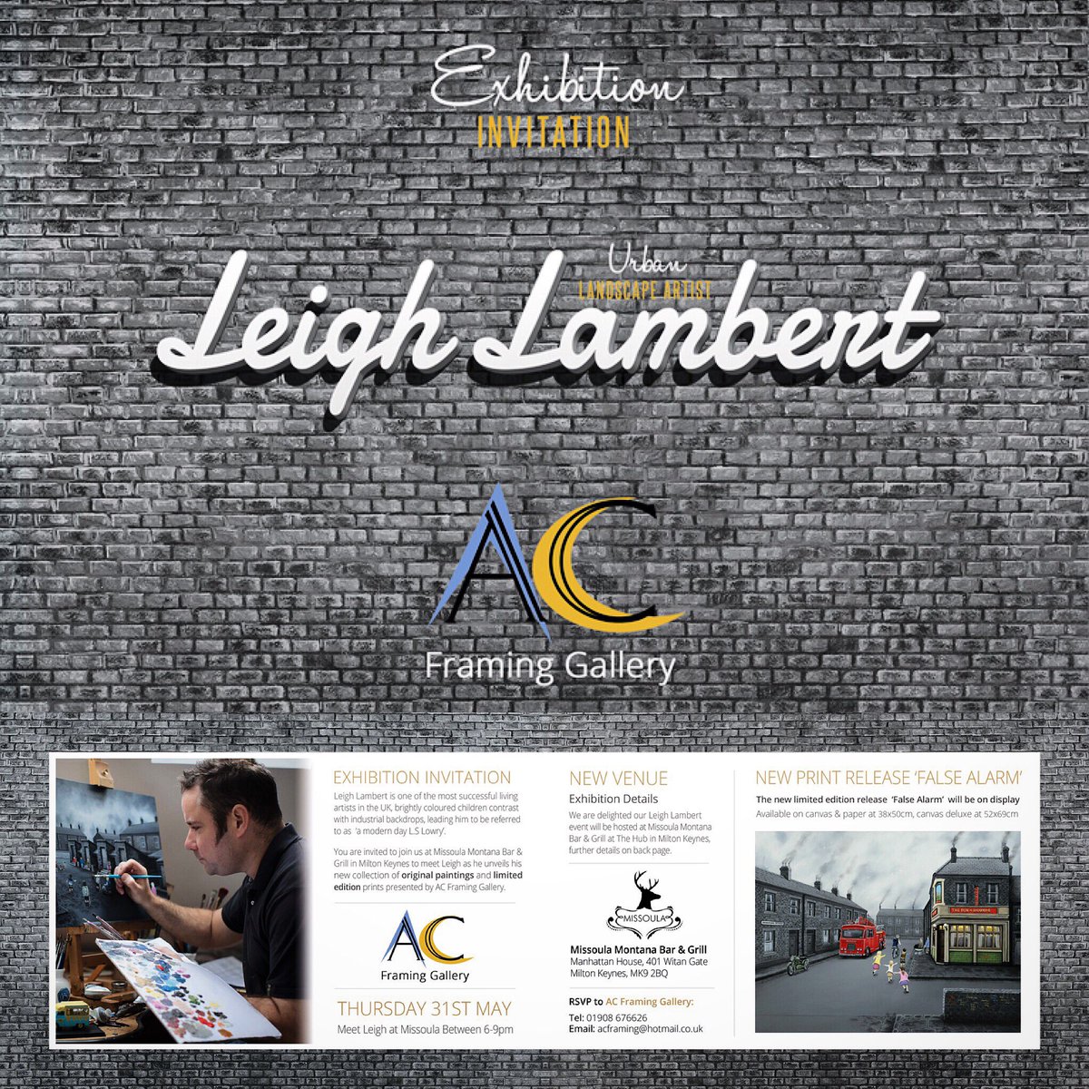 ***TOMORROW*** 
<a href="/ACFraming/">AC Framing</a> best selling artist <a href="/Leigh__Lambert/">Leigh Lambert  🎨</a> is heading back to Milton Keynes...Leigh will be making his way to the <a href="/MKMissoula/">Missoula Montana MK</a> (MK9 2BQ) tomorrow between 6pm-9pm. At this new location Leigh will be showcasing his brand new collection.