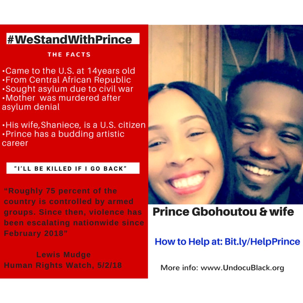 UndocuBlack's tweet photo. Some of the details around why we must stand with Prince!
Sign up at the link to help us fight against
Prince’s deportation! : https://t.co/1qOu8UIJwV
#WeStandWithPrince #KeepFamiliesTogether #UndocuBlack https://t.co/Jb294qqW18