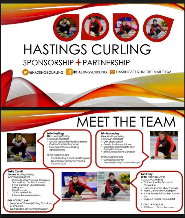 Thinking of new and creative ways to promote your business? Look no further! HastingsCurling is the answer.  We are competitive women's curling team who travel across Southern Ontario
PM or email us with any questions #sponsorship #ontariocurlingtour #worldcurlingtour #scotties