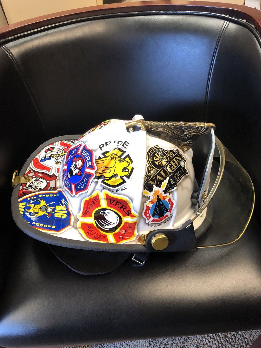 VaughanFire's tweet photo. An amazing retirement present from @LION_Gear for Chief Bentley. A helmet with all our station logos hand painted. Thanks to @rmkalenuik for all your support over the years! https://t.co/C7cYkAlqGg