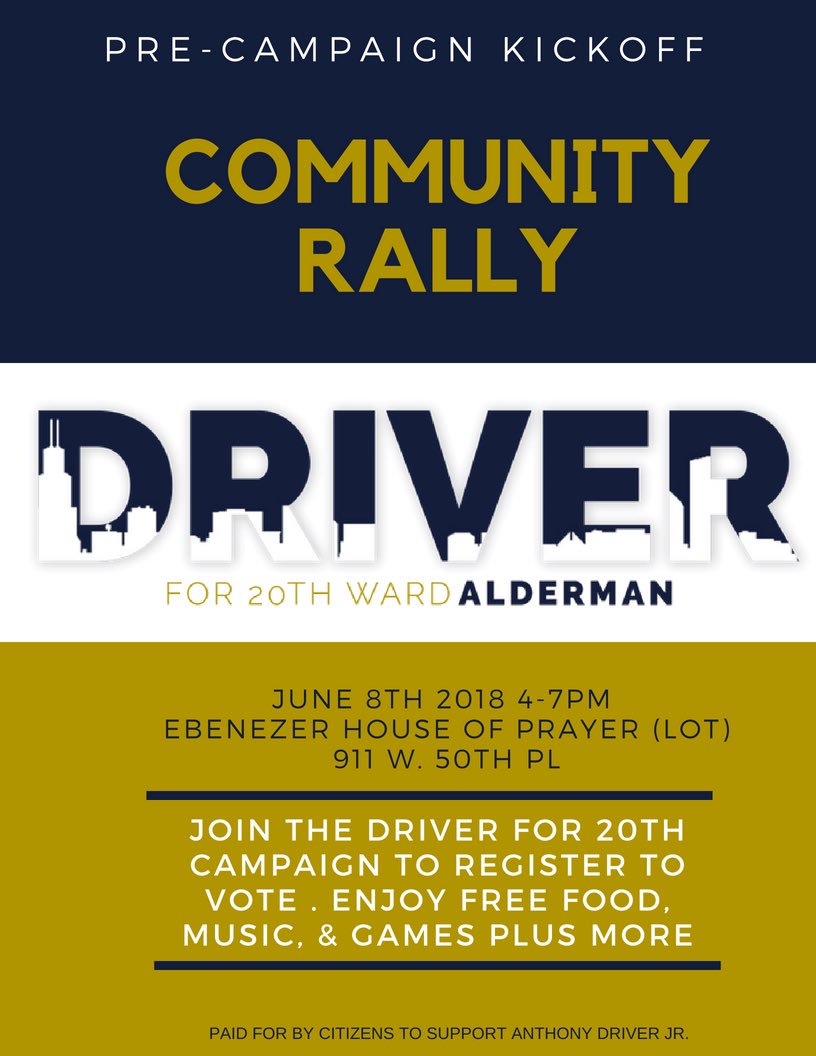 driver4chicago's tweet photo. As the #DriverFor20th campaign prepares for our June 9th campaign kickoff, we are inviting our community to join us on June 8th for a day full of family and fellowship. There will also be an opportunity for individuals to get registered to vote. Join us on our #RoadToChange https://t.co/HXzHs1eDpT