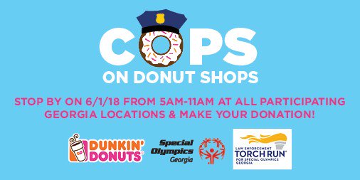 Join us for the 3rd Annual #CopsOnDonutShops event on 6/1 from 5am-11am @ the following locations: 2555 Wesley Chapel Rd, Decatur 3935 Lavista Rd, Tucker 2827 N. Druid Hills Rd, Atl, 4760 Memorial Drive, Decatur, 5872 Buford Highway NE, Doraville #NationalDonutDay @SOGAchampions
