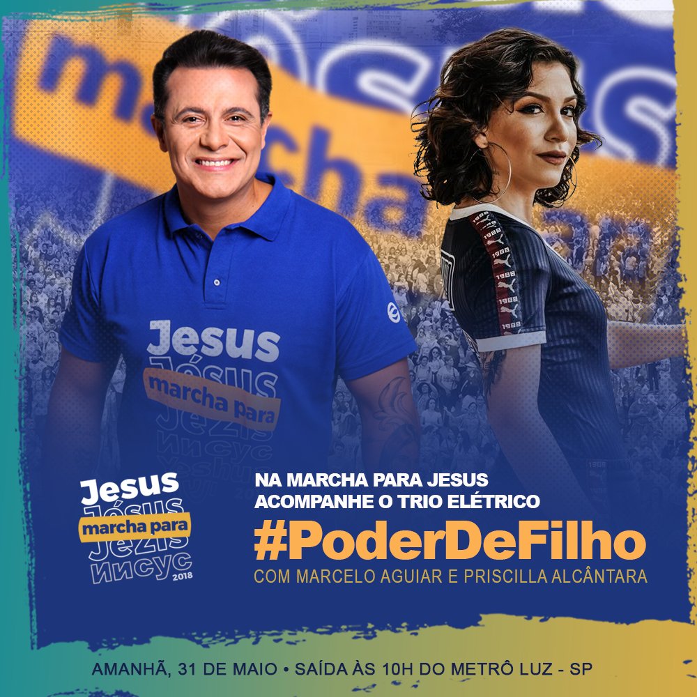 MarceloAguiarNW's tweet photo. Amanhã, 31 de Maio é o dia da #MarchaParaJesus!
Acompanhe o #TrioElétrico #PoderdeFilho com #MarceloAguiar e #PriscillaAlcântara ! https://t.co/l8RMrS9FxK