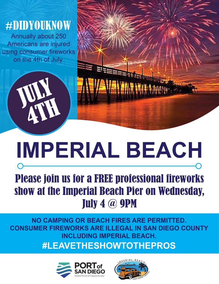 CityofIB's tweet photo. #DidYouKnow #ImperialBeach #LeavetheShowtothePros #4thofJuly #FireworksShow #IBlivin #wonderfront #IBPier #iheartIB #GoSanDiego @portofsandiego https://t.co/dtvHZb6B1r