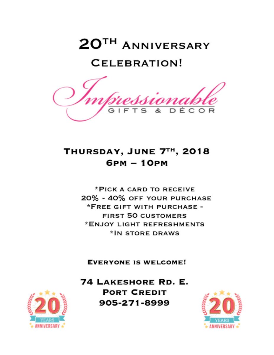 Impress_Gifts's tweet photo. 20th #Anniversary #celebration @Impress_Gifts, Thurs, June 7th, 6pm - 10pm. All welcome. #PortCredit #DrawACard #Mississauga #grateful #SmallBiz 🎂 https://t.co/OrwjsLOFp3