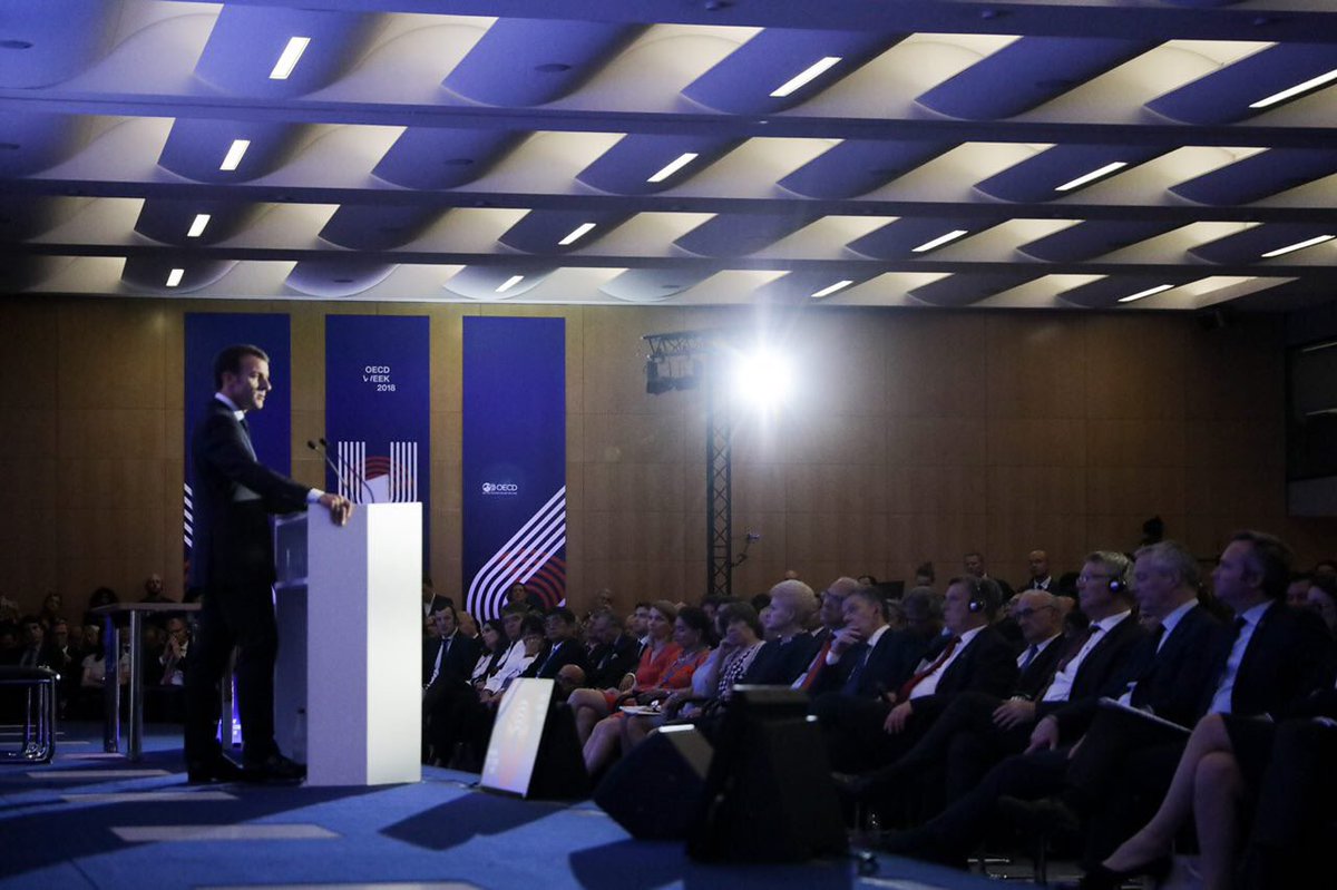 EmmanuelMacron's tweet photo. Nous sommes confrontés à une crise née de pratiques de concurrence déloyale ou de dumping. Mais sortir de l'ordre mondial n'est pas la solution. #OECDForum https://t.co/FGNySrCOeL