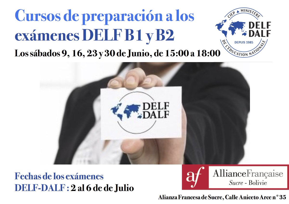 AF_Sucre's tweet photo. 🇨🇵️ Cursos de preparación a los exámenes DELF B1 y B2, los sábados de junio : inscripciones abiertas 🇨🇵 https://t.co/0bGmvd8VFk