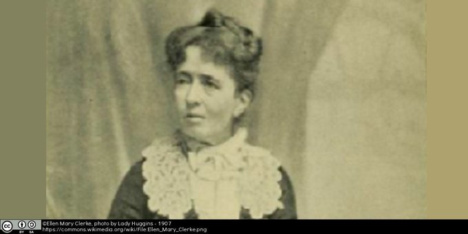 Black and white photograph of Ellen Mary Clerke, wearing a dress with her hair tied back. It was taken by Margaret Lindsay Huggins.