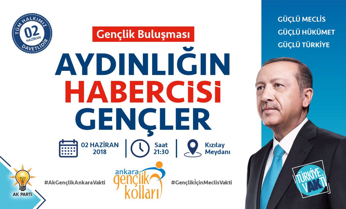 Cumartesi günü İftardan sonra Sivil Toplum Kuruluşlarından Gençler ve Genç Milletvekili Adaylarımız Kızılay Meydanında buluşuyor. #AnkaraAKGençlikVakti #GençlikİçinMeclisVakti 

Aydınlığın Habercisi Gençlik Buluşması