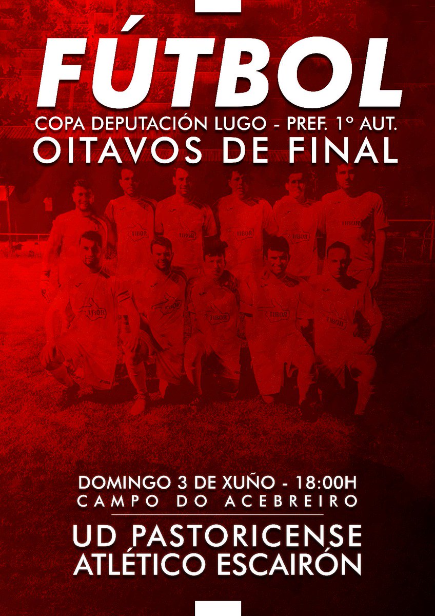 👋👋Oitavos de final da Copa <a href="/depulugo/">Deputación de Lugo</a> , visita do <a href="/Atl_Escairon/">Atlético Escairón</a> o domingo as 18:00H no Acebreiro ( A Pastoriza). ⚽️⚽️

Agardamosvos!!

<a href="/futbolinlugo/">Futbolinlugo</a> @futGalicia_es