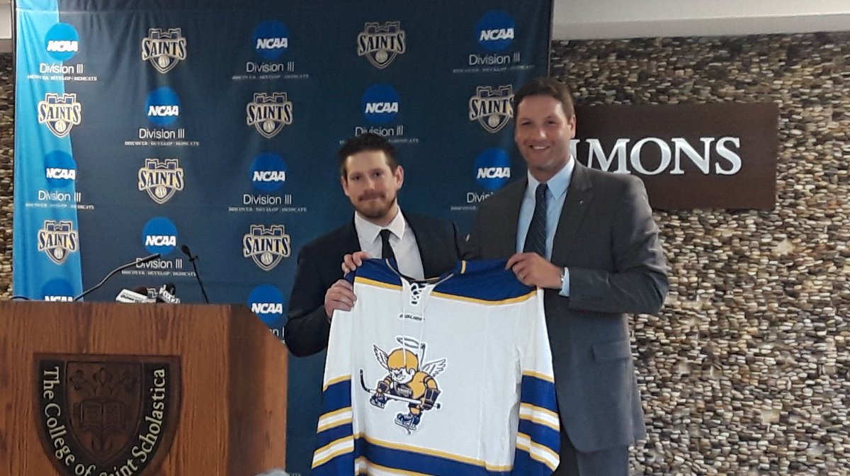 StScholastica's tweet photo. .@BrianJamros welcomes new @CSSMHockey coach Tim Madsen! https://t.co/yl5rehTaAW