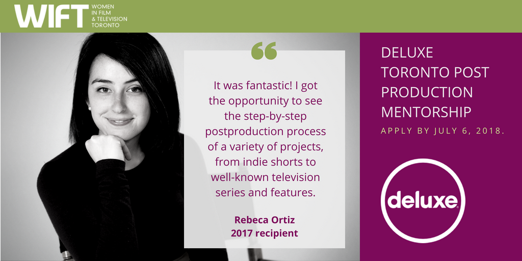 WIFT's tweet photo. Emerging producers, want to boost your #postproduction knowledge and get behind-the-scenes access to an award-winning post house? 

Apply by July 6 to be our 2018 @DeluxeToronto Postproduction Mentorship recipient! https://t.co/3G62zyKzpH https://t.co/YCGxglxbq4