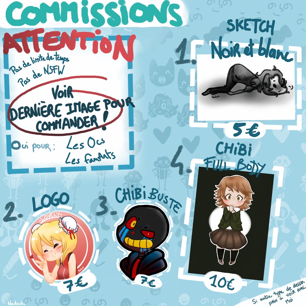 nadechat's tweet image. Je relance mes #commissions! Venez me voir en PV si vous voulez passer commandes! Bon, les dessins datent un peu mais bon, hein! Je mettrais à jour plus tard!

RT et partages appréciés !