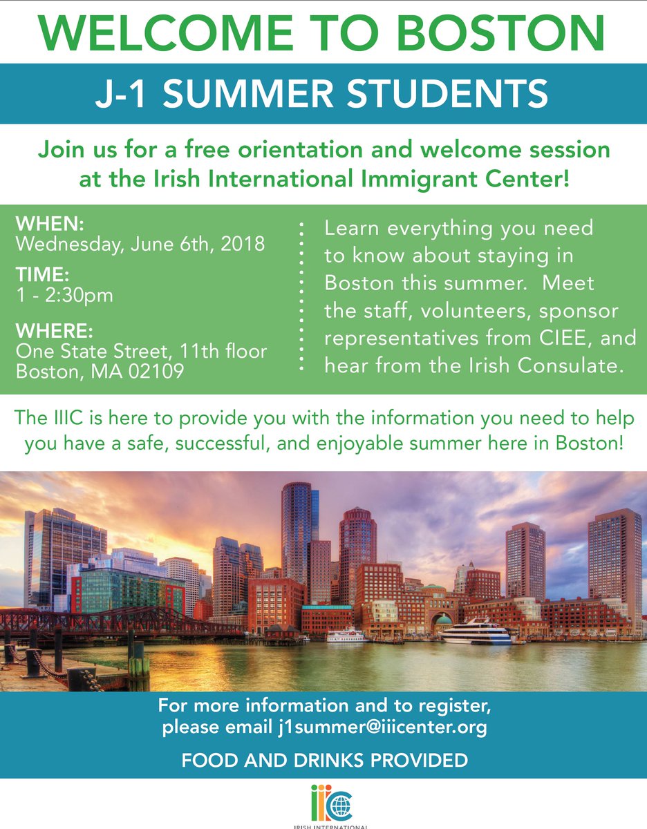 IrelandBoston's tweet photo. Are you a #J1student in #Boston this summer? The @iiicenter will be having a welcome & orientation session this Wednesday, June 6th! Find out everything you need to know to have a fun & safe summer in Boston! #J1Boston https://t.co/IfTGuCsOOS