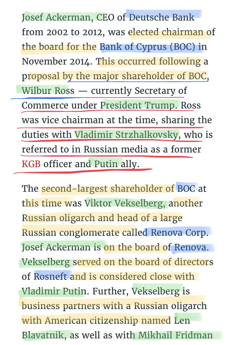 Look at names, biz & orgs here. See how they ALL tie together See why Trump appointed  @SecretaryRoss for CommerceAckerman, Ross, Deutsche BOC Vekselberg, Rybolovlev- he bought Trump mansion for excessive amt. KGB Spy Strzhalkovsky, Renova Rosneft, Blavatnik, Fridman 