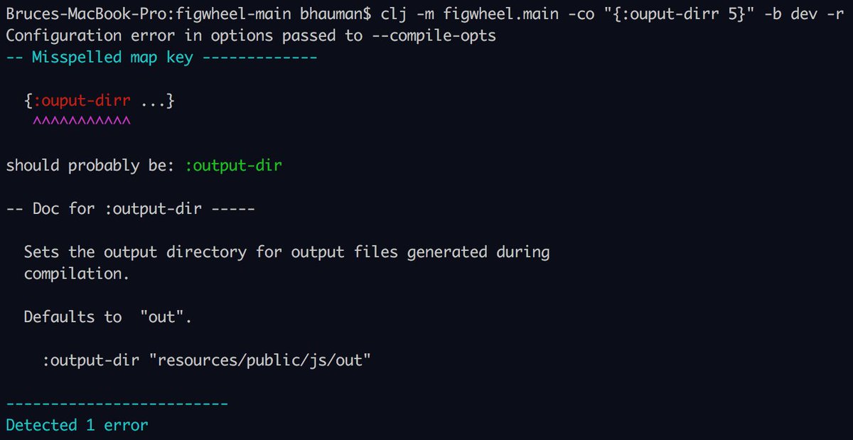 bhauman's tweet image. Now that's the kind of error I want (new spell-spec integration into figwheel.main) #figwheel #clojurescript #clojure