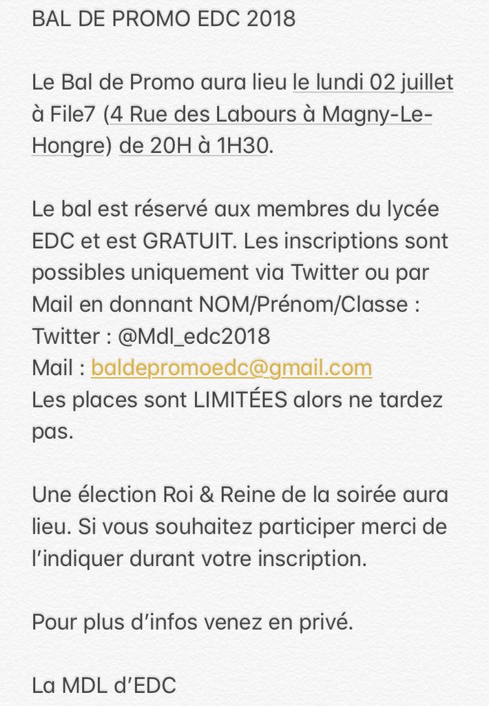 Mdl_edc2018's tweet photo. 🎉 BAL DE PROMO EDC 2018 🎉
02/07/18 | 20H - 1H30 | File7
GRATUIT 🔥
Les inscriptions commencent dès maintenant en privé ! Les places sont limitées venez vite 🙈 https://t.co/TeByZZn68c