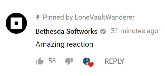 LoneVaultWander's tweet photo. Omg @bethesda commented on my #Fallout76 reaction video 😂😂😂 https://t.co/fyi4ZzTKxs