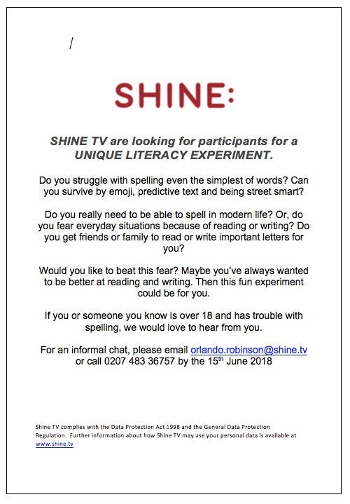OfficialCastMe's tweet photo. SHINE TV are urgently looking for participants for an exciting & unique new LITERACY EXPERIMENT for a new TV SHOW
INTERESTED? Get in touch with your contact details #literacy #spelling #tvexperiment #lifegoals https://t.co/LBeQrBgZX6