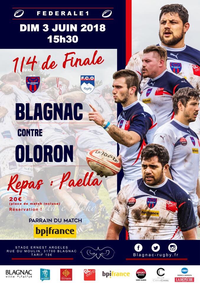 Dimanche, le rendez- vous c’est 15h30 au Stade Ernest Argeles! 🏉
Un match crucial attend nos joueurs, ils iront chercher la qualification pour la demi-finale 
Venez nombreux pour encourager le Blagnac Rugby 💙♥️
👉 Entrée : 5€ seulement sur billetterie en ligne 
#blagnacrugby