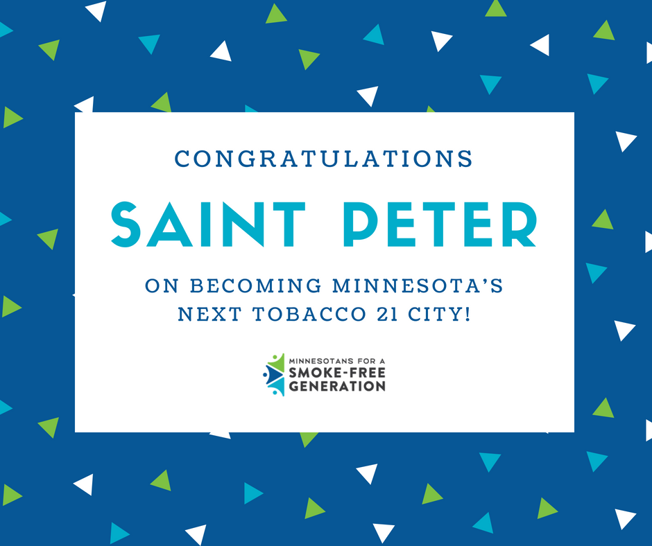 smokefreegenMN's tweet photo. Congratulations St. Peter for becoming Minnesota's latest #Tobacco21 city! #T21MN #KeepLungsLoud https://t.co/A9q4vjnXXE