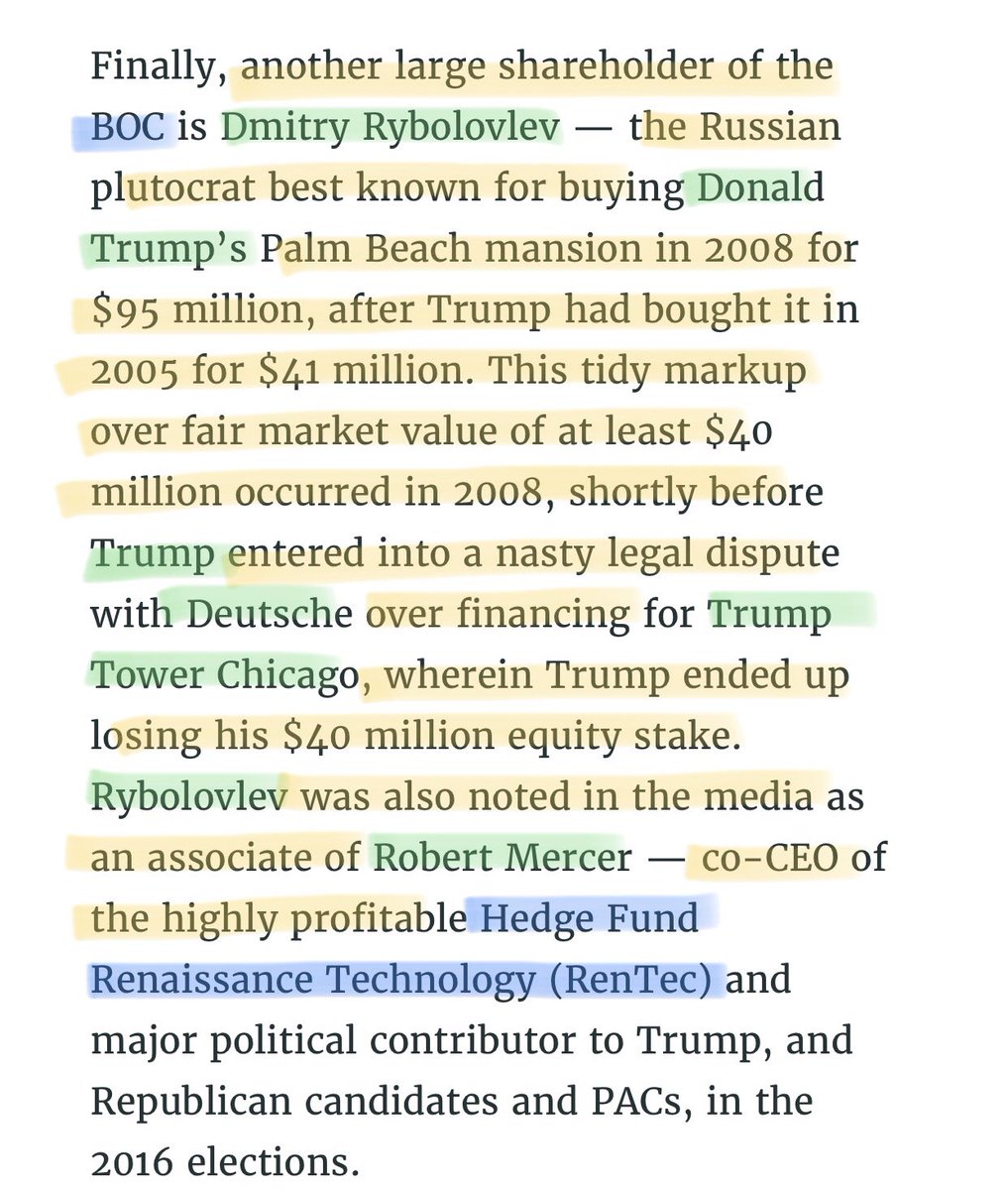 Bank of Cyprus shareholder Rybolovlev managed to overpay Trump $40M for his Palm Beach mansion- only to quickly tear it down Rybolovlev & Mercer’s yachts were seen anchored next to each other. RenTec, Mercer’s hedge fund uses tax haven at BOC