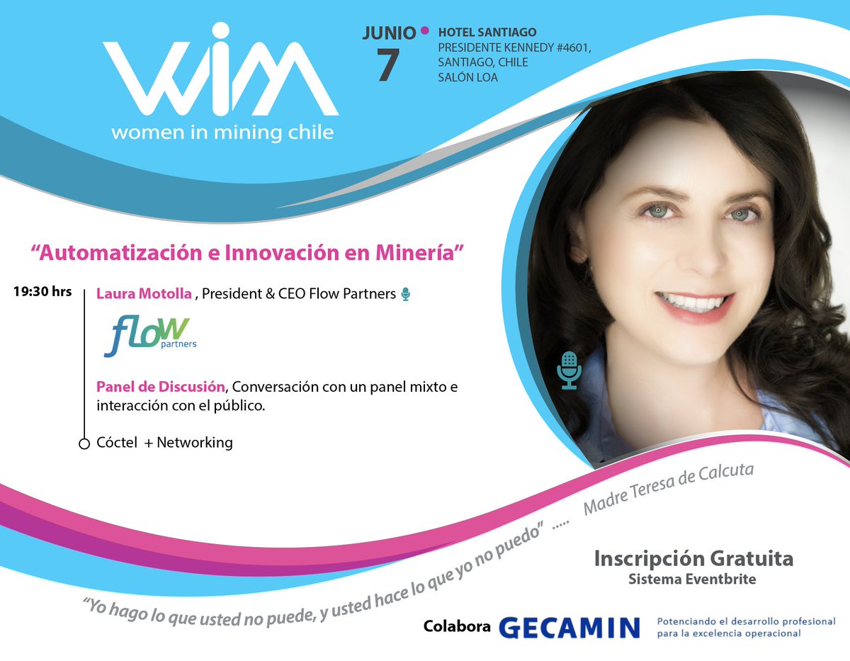 wimchileoficial's tweet photo. Charla Gratuita por Laura Mottola en la próxima reunión mensual de Women In Mining Chile, como parte del #Automining2018 de Gecamin como anfitrión.
inscripción a través de sistema Eventbrite
https://t.co/jJVbMCTgzA
Todos Invitados, cupos Limitados https://t.co/Uk45NXyzno