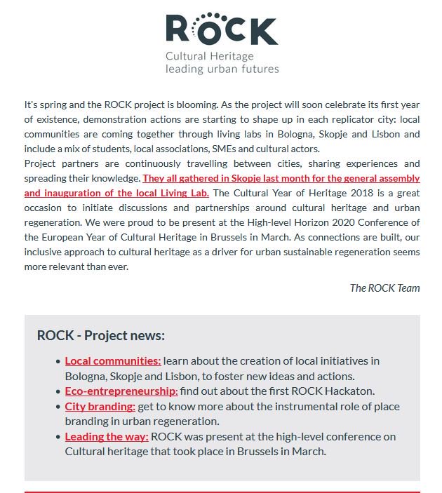 ROCK_H2020's tweet photo. 🔴Check-out the #2 ROCK newsletter to know all about the actions in our Role model and replicator cities ! Learn about Urban living labs being set up in Lisbon, Skopje and Bologna + Read our partner interview of @ECO4CLIM
>> https://t.co/x1eLmRo8Md]
#EuropeForCulture https://t.co/HVclI7W57k