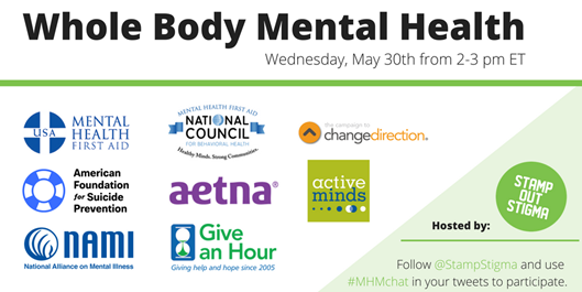 Active_Minds's tweet photo. Starting at 2 pm EST! We'll be talking about Whole Body #MentalHealth with @StampStigma, @afspnational, @Aetna, @NAMICommunicate, @GiveAnHour, @MHFirstAidUSA, @signsforchange, and @ABHWorg. Join the conversation! https://t.co/44P36Teceb