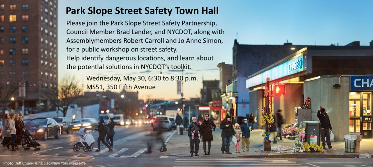ParkSlopeSSP's tweet photo. Join us tonight at 6:30 to help identify dangerous streets and intersections throughout Park Slope, and learn about @NYC_DOT's design toolkit. Added bonus: sneak peak at the proposed safety upgrades for 9th Street. At MS51, 350 5th Avenue. https://t.co/MfmTw4USZS
