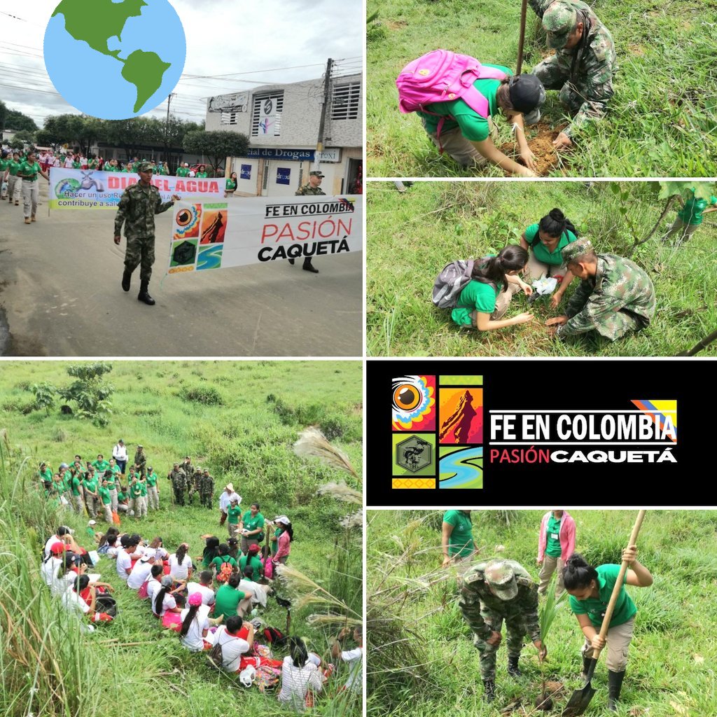 PasionCaqueta1's tweet photo. Casi 100 personas entre alumnos de I.E Sagrados Corazones en "Charco Azul" @PuertoRico_Cqta con los #HéroesMultimisión de @Ejercito_Div6 #Baeev19 y aprendices de @SENAComunica se capacitaron e hicieron siembra de árboles para la protección de fuentes hídricas y el Medio Ambiente https://t.co/SrVeHE3AwB