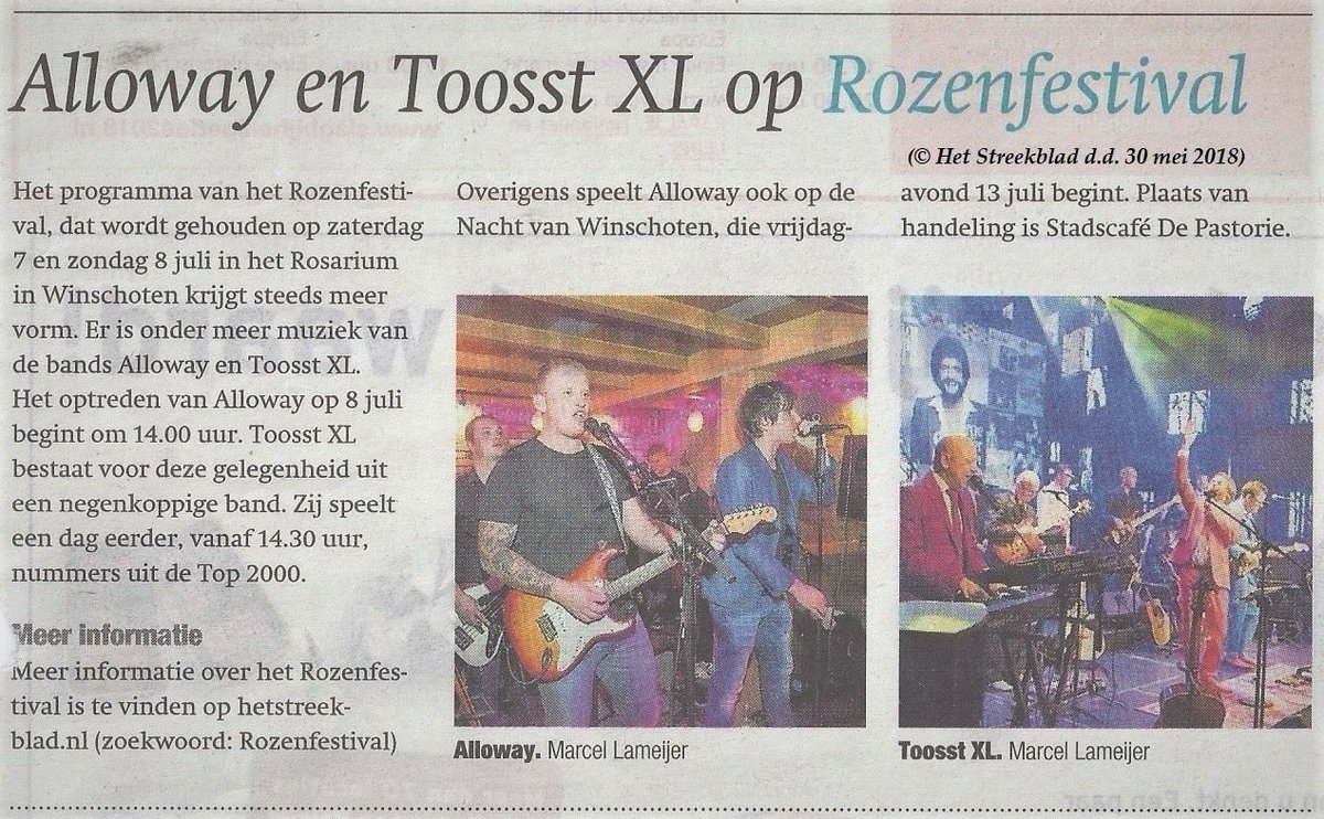 toosst's tweet photo. TOOSST XL!, Alloway en Los Cascos op het ROZENFESTIVAL!

Zaterdag 7 juli:
TOOSST XL! - Aanvang 14.30 uur

Zondag 8 juli:
Los Cascos - Aanvang 12.00 uur
Alloway - Aanvang 14.00 uur.

Locatie: Rosarium Winschoten

Bijlage : artikel Het Streekblad d.d. 30 mei 2018 https://t.co/EPnEI2Pgop